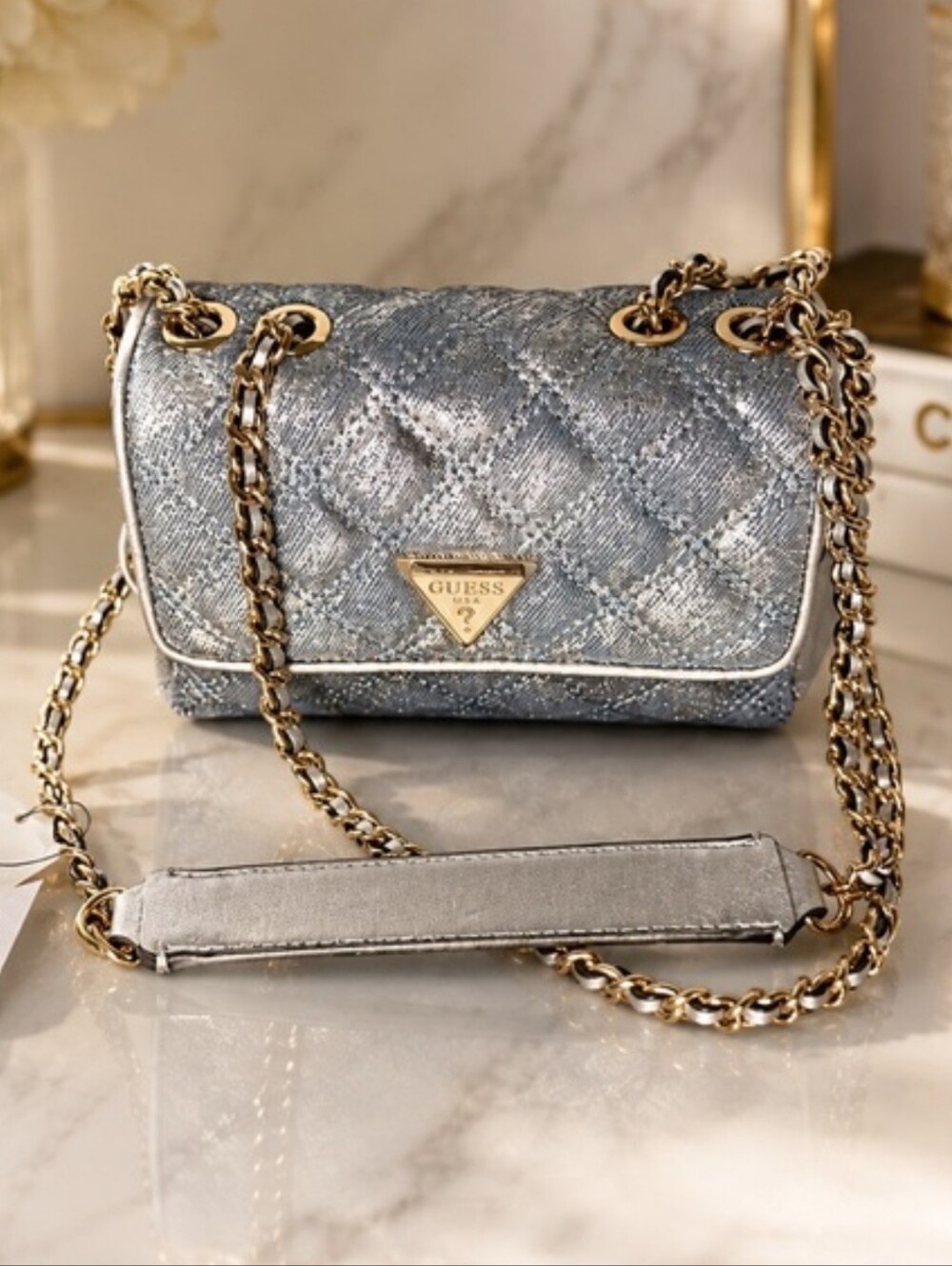 Guess Metallic Light Blue Quilted Chain Shoulder Bag